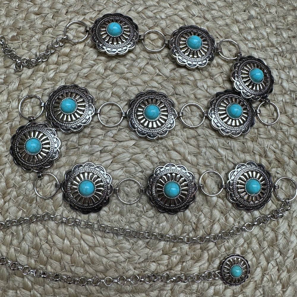 Western Silver and Turquoise Concho Waist Chain Belt for Women - Picture 9 of 10